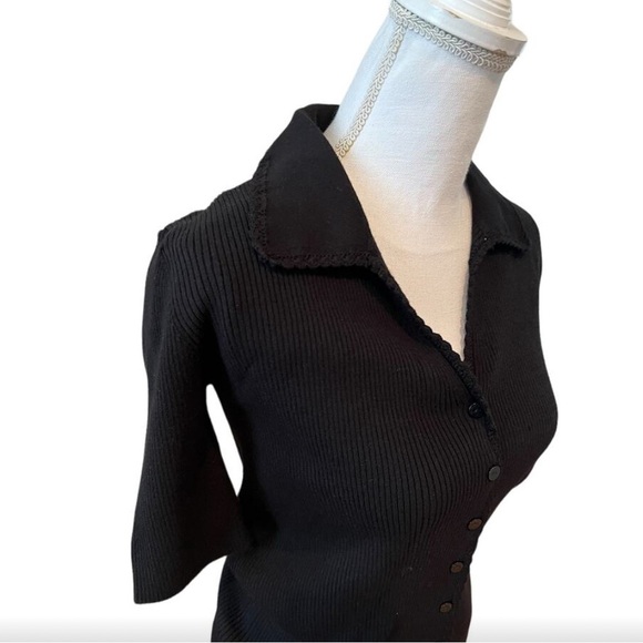 Elie Tahari Ribbed Collared Short Sleeve Cardigan Sweater Black S - Picture 4 of 7